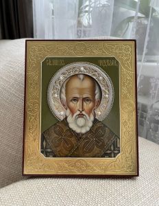 Рукописная икона Николай Чудотворец со сканью и жемчугом №190 (Размер 17х21 см)
