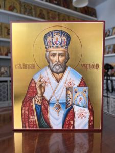 Рукописная икона Николай Чудотворец №206 (Размер 21х25 см)