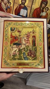 Рукописная икона Чудо Георгия о змие №75 (Размер 27х31 см)