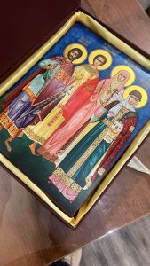 Рукописная семейная икона №156 (свв Артемий, Роман, Елизавета и Ольга)