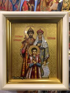 Рукописная икона Николай Второй, царица Александра и царевич Алексий №5 (Размер 17*21 см)