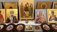 Рукописная икона Святая Троица список Андрея Рублева №2 (Размер 22х28 см)