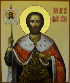 Рукописная икона Александр Невский красочный фон
