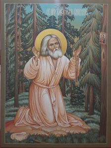 Рукописная икона Серафим Саровский в лесу