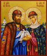 Рукописная икона Петр и Феврония с жемчугом 100 (Размер 17*21 см)