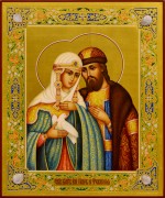 Рукописная икона Петр и Феврония с лунными камнями 103 (Размер 21*25 см)