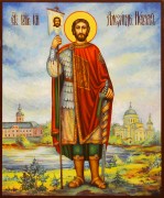 Рукописная икона Александр Невский с пейзажем