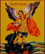 Рукописная икона Архангел Михаил, попирающий дьявола (Размер 17х21 см)